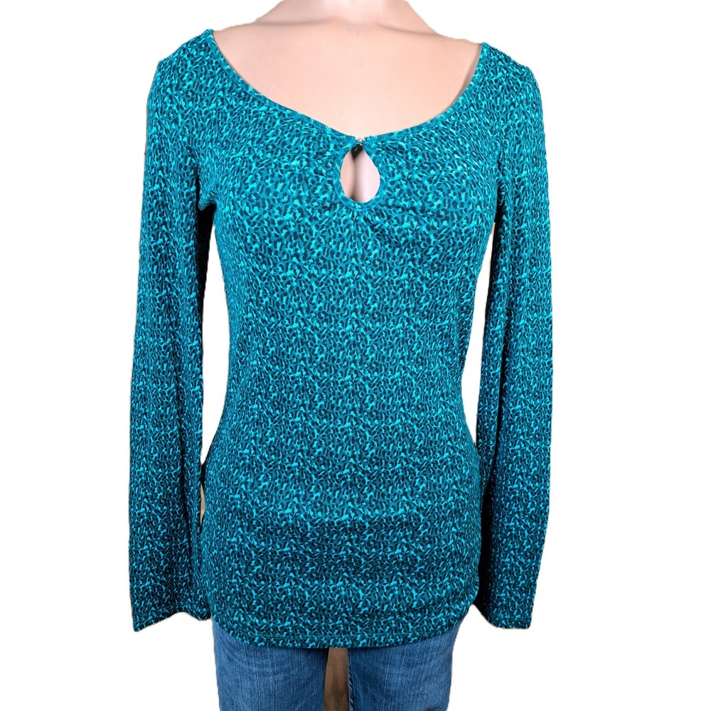 Express Sexy Basic Tee Teal‎ Leopard Animal Print Keyhole Long Sleeve Top Medium